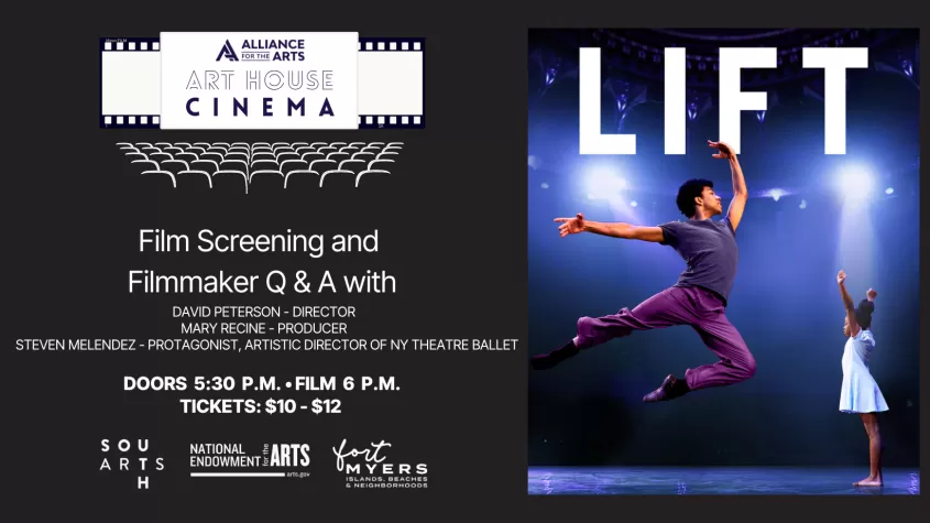 black background with a marquee saying Art House Cinema and the poster for Lift featuring a man in purple doing a ballet leap on stage