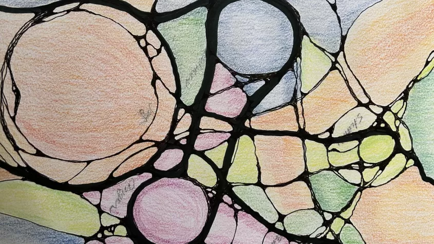 image of bold black lines in a random doodle pattern with sections colored in by pencils