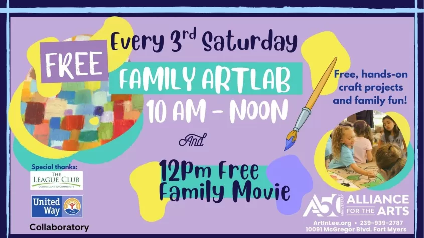 purple background with yellow and teal splotches and font stating the event details