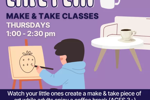 Purple background with a cartoon child in a blue hoodie drawing a strawberry on an easel and a couch with a coffee cup in front. 
