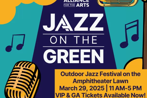 a teal background with a blue spotlight. Yellow clouds above and piano keys, a guitar and a microphone on the bottom with music notes surrounding the logo of jazz on the green
