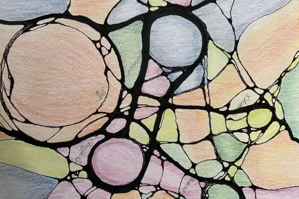 image of bold black lines in a random doodle pattern with sections colored in by pencils
