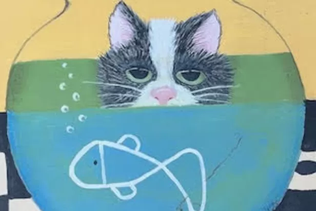 acrylic painting of a cat looking through a fish bowl
