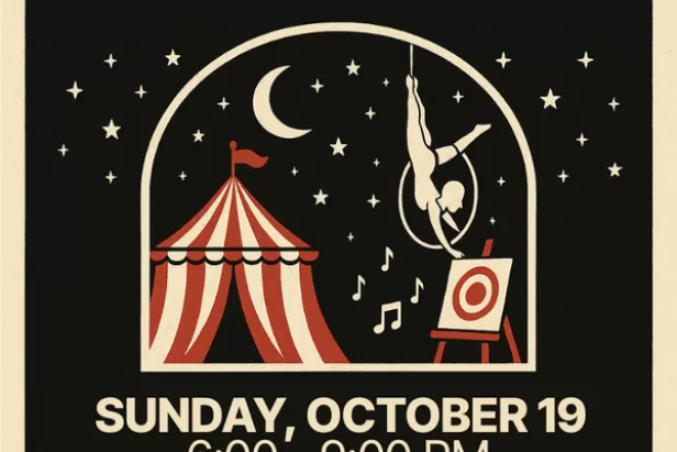 black background with stars and a snow globe with a circus set up in it
