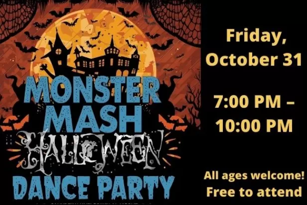 an orange full moon with the typical silhouette house on a hill with monster mash in blue font 

