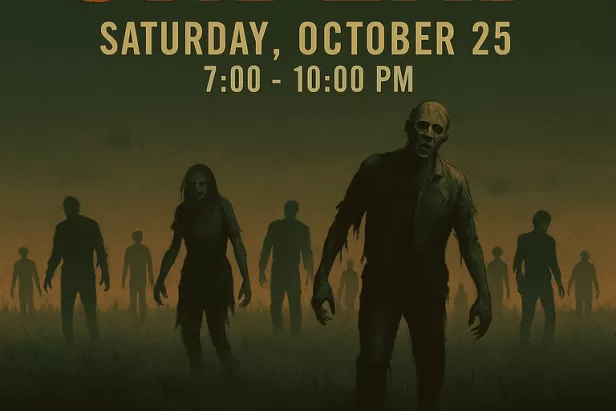 black background with creepy yellow fog overlay of zombie silhouettes  
