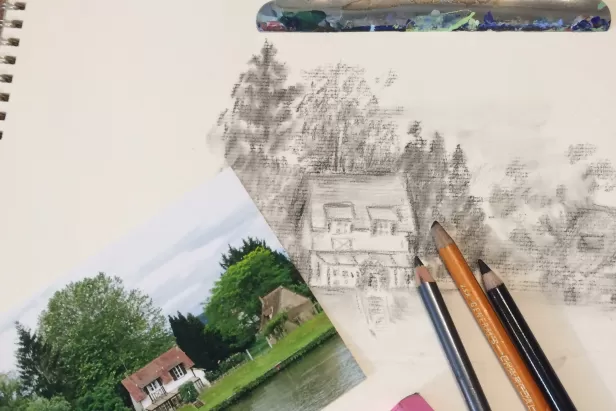 image of a pencil drawing of a picture of a house with green lawn and trees
