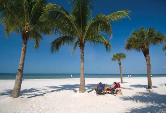 Palm trees line a wide white-sand beach where two people relax in lounge chairs near the shoreline, with calm turquoise water and a clear blue sky in the background.