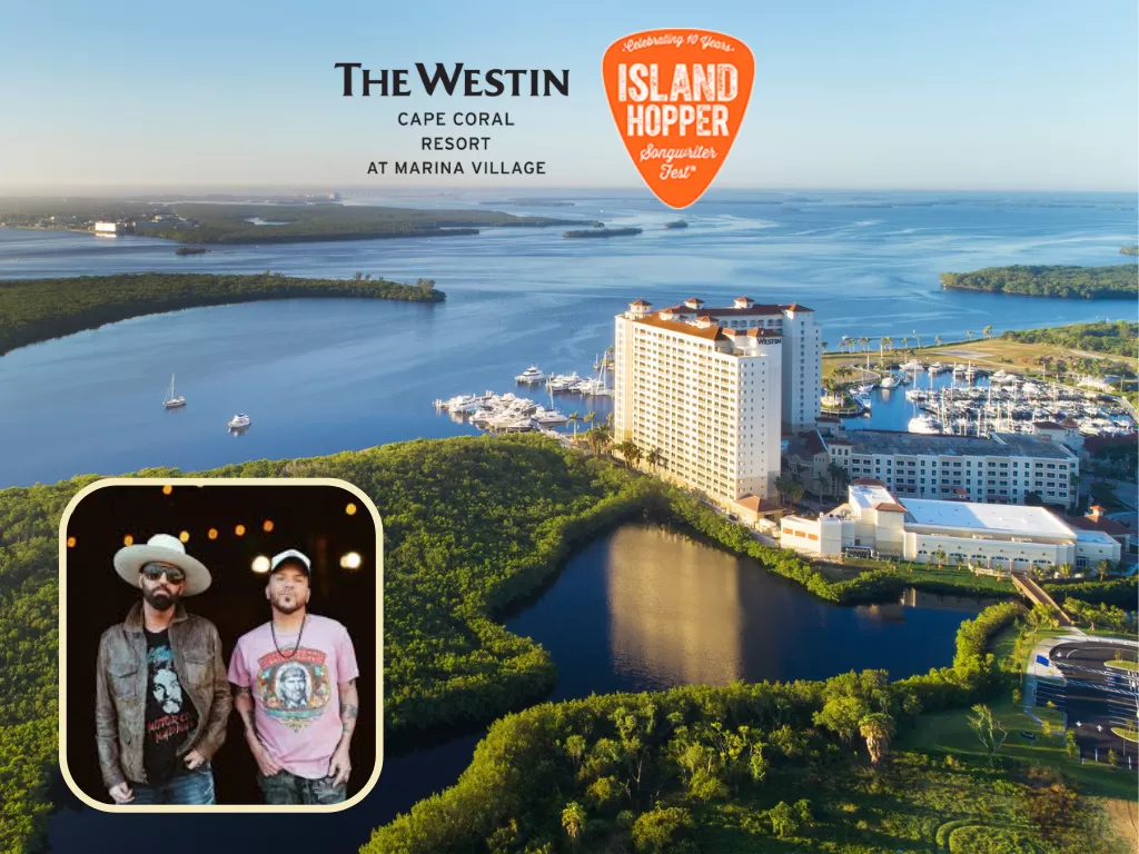 The Westin Cape Coral Resort exterior view with Locash Photo and logos for event
